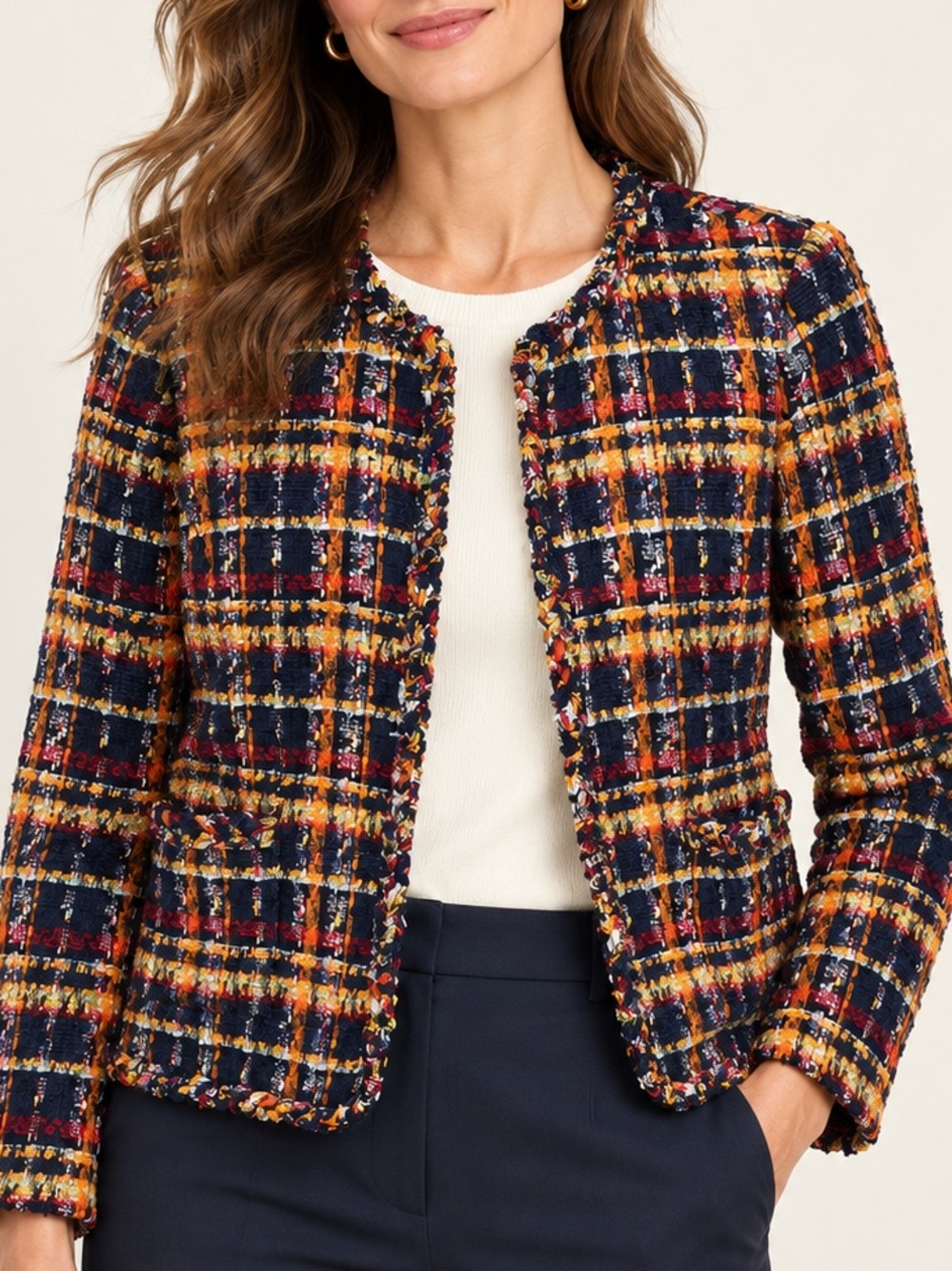 Talbots Classic Sunflower Plaid Tweed Collarless Blazer Jacket 14P